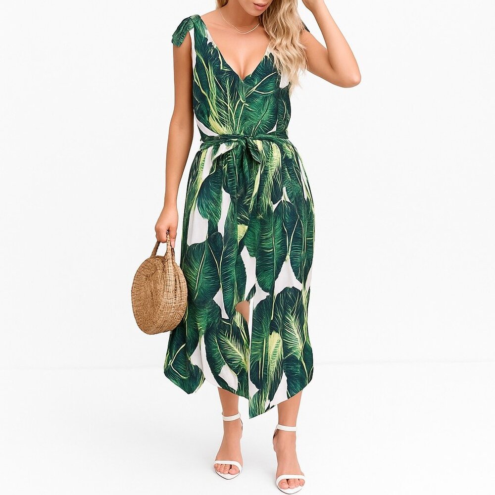 Belongsci S Green Palm Leaf Print V-Neck Sleeveless Belted Wide Leg Jumpsuit NWT